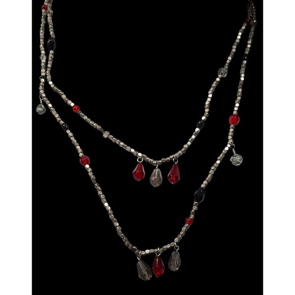 Handmade Layered Red Glass And Silver Tone Metal Beaded Necklace - Picture 4 of 5